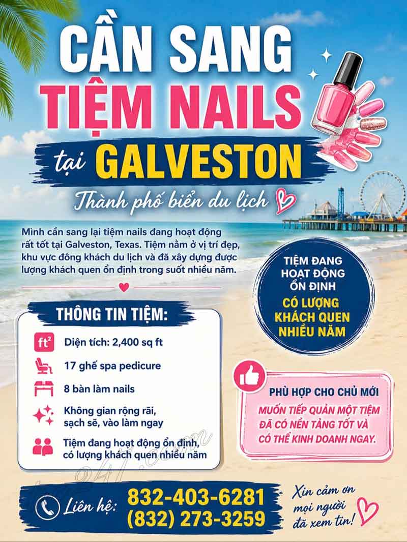 Sang Tiệm Nails Galveston, Texas - Vị Trí Tốt