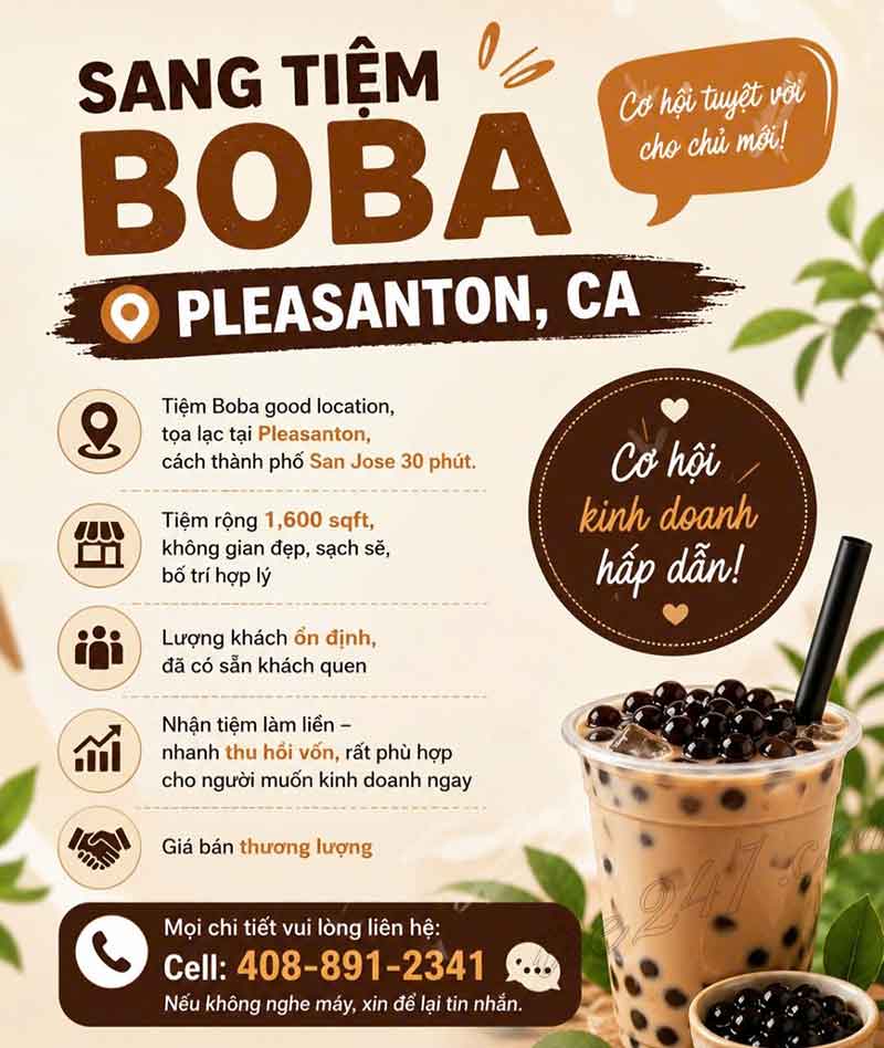 Sang Tiệm Boba Tại Pleasanton, California - Giá Sang Tốt