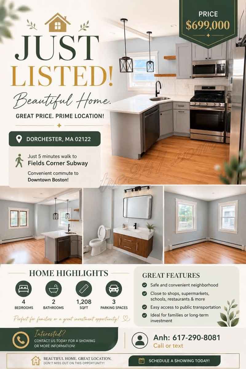 JUST LISTED – NHÀ ĐẸP, GIÁ ĐẸP TẠI DORCHESTER, MA! SHARE